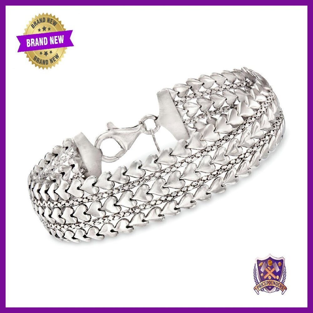Italian Sterling Silver Heart Bracelet 7" Long 5/8" Wide Lobster Clasp